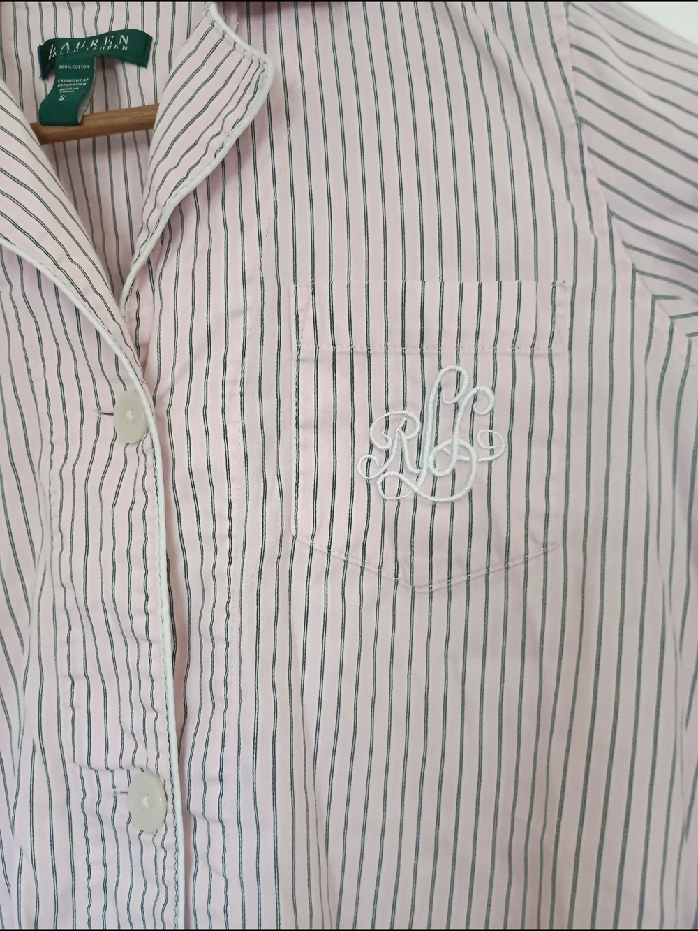 Lauren Ralph Lauren 100% Cotton Pink and White Striped Button-Down Sleep Shirt